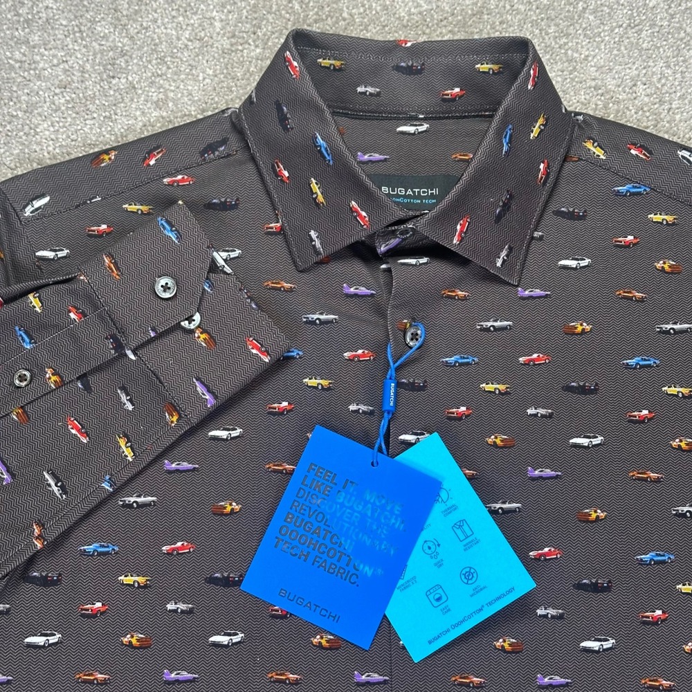 Bugatchi‎ OoH Cotton Tech Men's Dress Shirt 8 Way Stretch Car Print Medium New